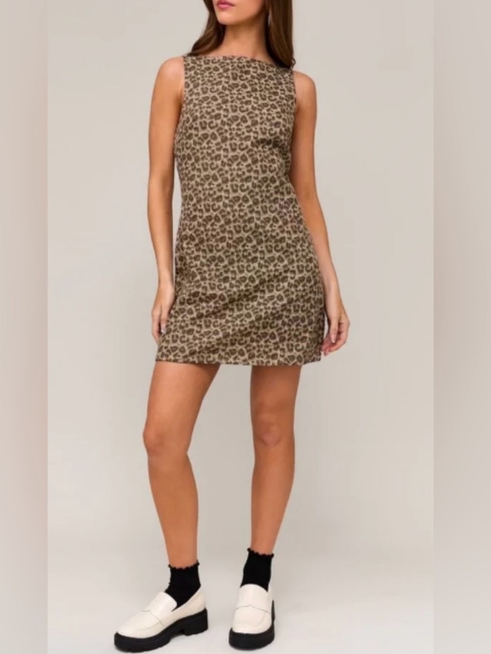 Le Lis Leopard Print Denim Sleeveless Mini Dress Boatneck Edgy Grunge 90s Y2K